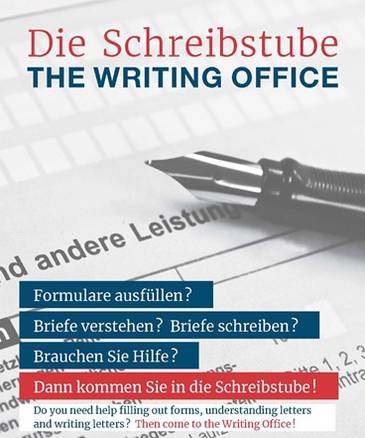 Öffnet externen Link zu einer PDF mit mehr Informationen zur Schreibstube Quelle: Anerkennungsberatung Freiburg Bild Schreibstube Formular mit Füllhalter und Hinweise auf die Schreibstube